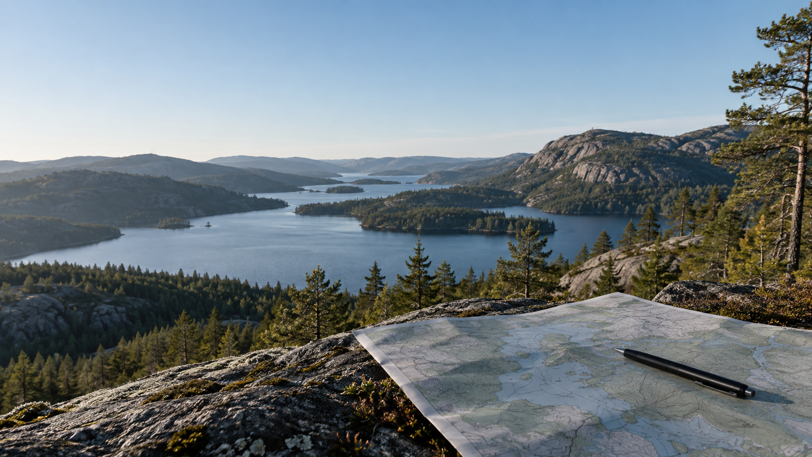 Norsk skog- og fjellandskap med plankart i forgrunnen